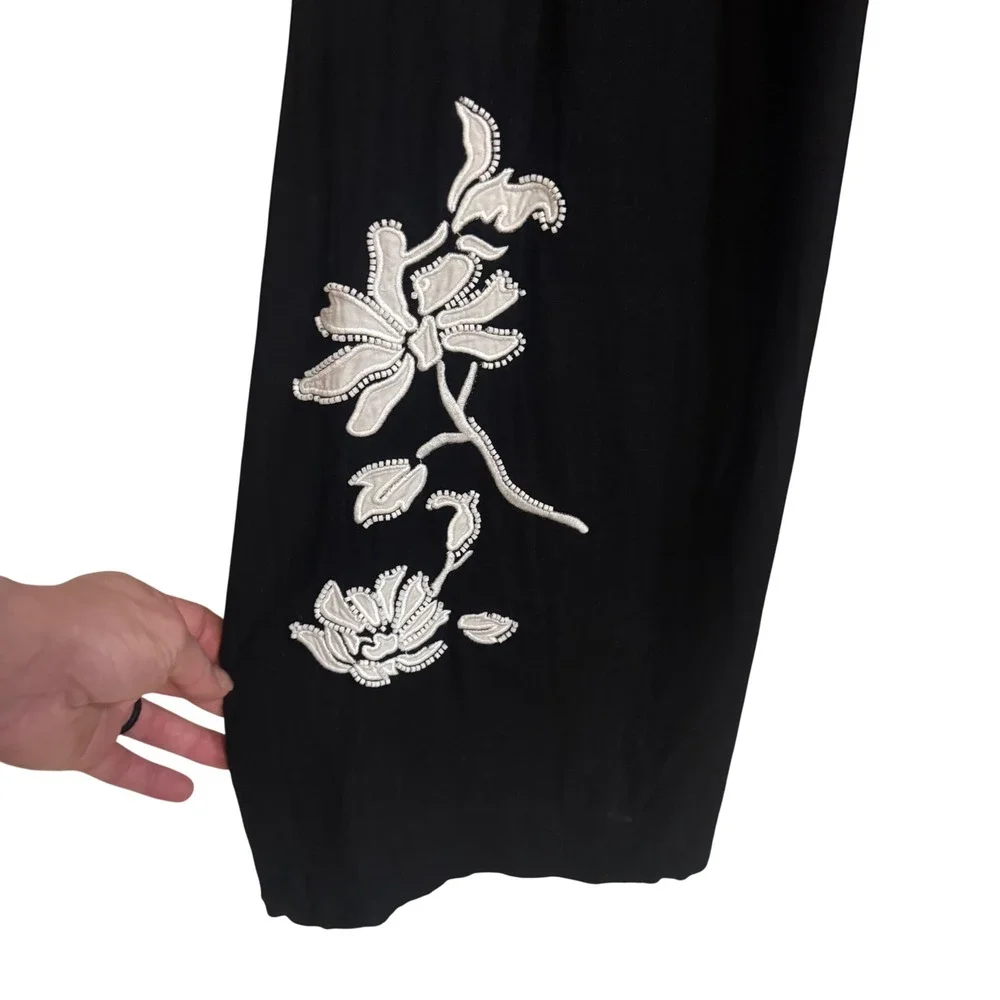 Zara Black Beaded Floral Embroidered Wide Leg Pants Size Small